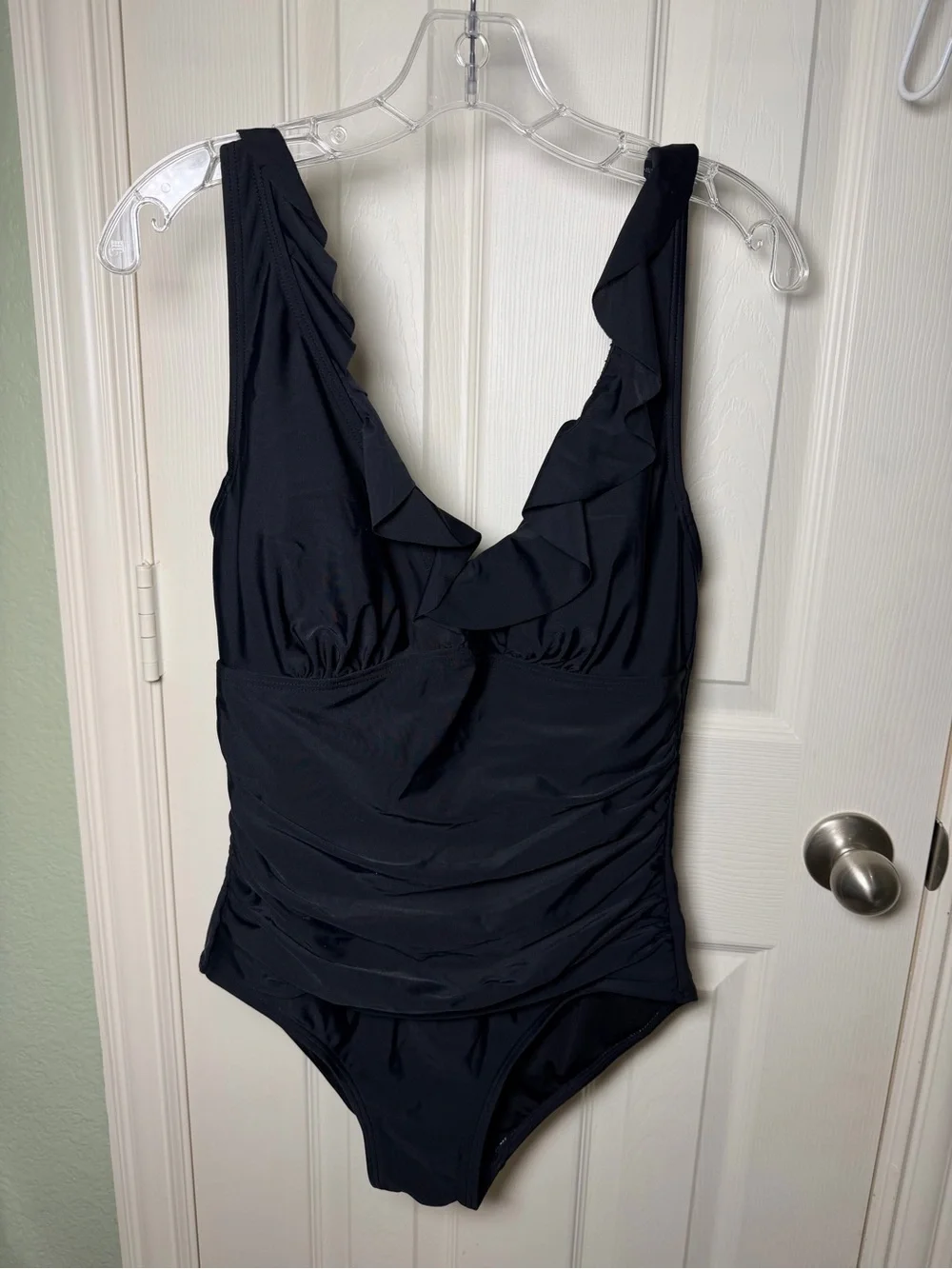 DKNY Black Ruffle One Piece Swimsuit Ruched Tummy Control Size 10 - Picture 6 of 12